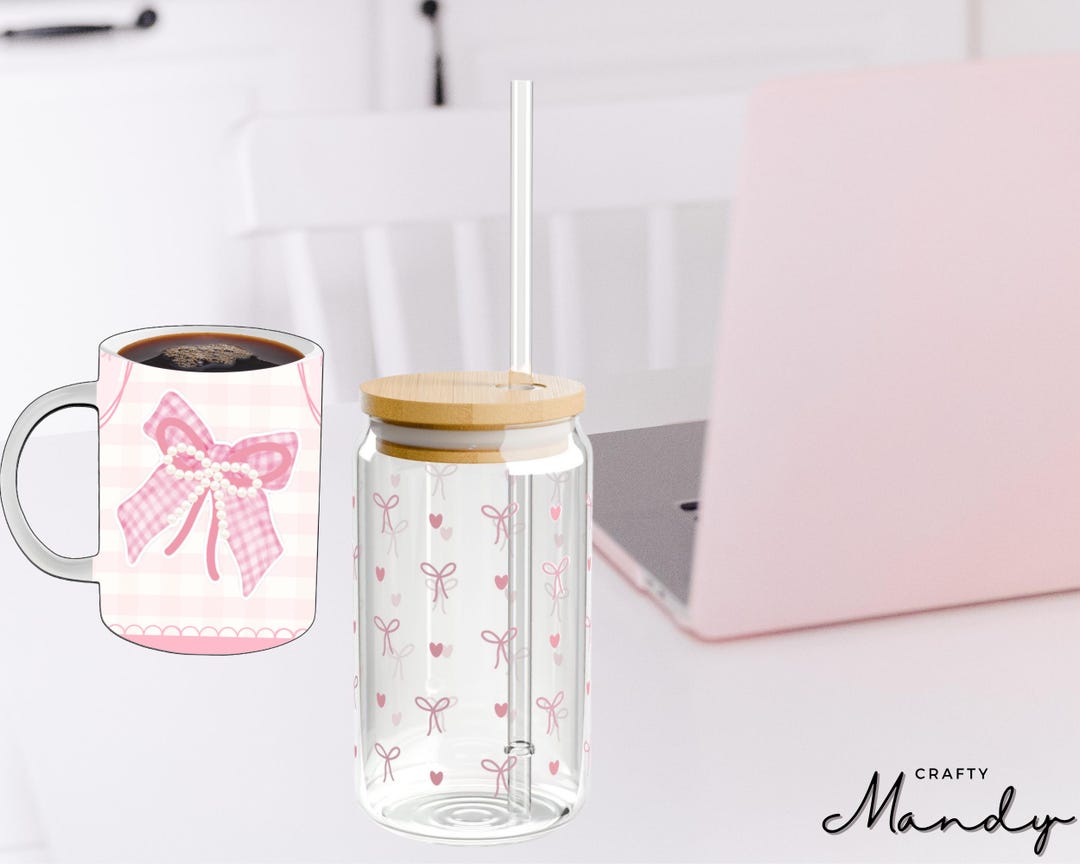 Crafty Mandy Pink Bows & Hearts - Glass Cup With Bamboo Lid and Straw ...