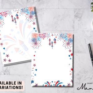 Puede incluir: Dos hojas de papelería blancas con un diseño patriótico de fuegos artificiales en rojo, blanco y azul. El diseño incluye fuegos artificiales, estrellas y cohetes. El texto en la parte inferior dice "AVAILABLE IN 2 VARIATIONS!"