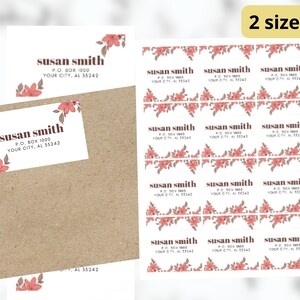Peut inclure: Etiquettes d'adresse imprimables avec un motif floral dans des tons de rose et de brun. Les étiquettes comportent le texte "susan smith" et l'adresse "P.O. BOX 1000 YOUR CITY, AL 35242".