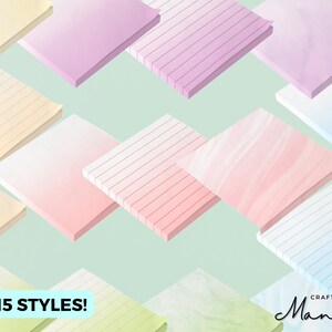 May include: An assortment of 15 pastel-colored sticky note pads in various designs, including lined, striped, and marbled patterns. The pads are arranged in a grid against a light green background. The text "15 STYLES!" is visible.