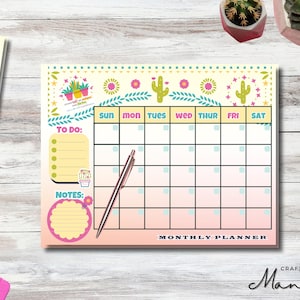 May include: A printable monthly planner featuring a cactus and floral design. The planner includes a to-do list, notes section, and a calendar grid with the days of the week labelled. The planner is in a yellow, pink, and green colour scheme.