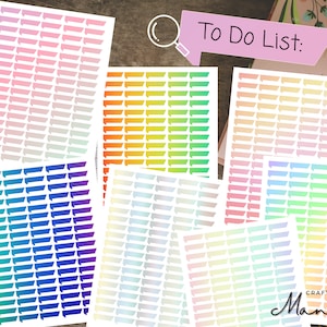 Peut inclure: Un ensemble de six feuilles d'autocollants de planificateur de couleur dégradée arc-en-ciel avec le texte "To Do List:" sur un fond rose. Chaque feuille contient 40 petits autocollants rectangulaires aux coins arrondis.