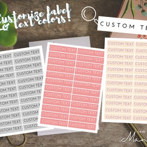 May include: Two sheets of printable labels with the text "CUSTOM TEXT" repeated on each label. The labels are in two different colors: gray and pink. The text "Customize label & text colors!" is at the top of the image. The text "CUSTOM TEXT" is also at the top of the image.