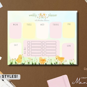 May include: A pastel weekly planner with a floral design and the text "weekly planner chickadee bloom." The planner has sections for each day of the week, a to-do list, and illustrations of chicks. The text "6 STYLES!" is also visible.