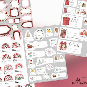 Puede incluir: Un conjunto de etiquetas para regalos de Navidad imprimibles con varios diseños, que incluyen patrones de rayas rojas y blancas, ilustraciones de acuarela de regalos y diseños de arcoíris. Las etiquetas incluyen espacios para "Para:" y "De:" y algunas incluyen el texto "Feliz Navidad", "Saludos cordiales", "Ho Ho Ho" y "Saludos navideños".