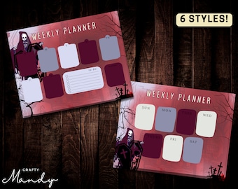 May include: Two printable Halloween themed weekly planner designs. The first design features a skeleton in a hooded robe with a tombstone and a graveyard background. The second design features a skeleton in a hooded robe with a tombstone and a graveyard background. Both designs have a red, white, and gray color scheme. The text "WEEKLY PLANNER" is printed on both designs.