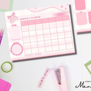 Agenda mensuel rose avec noeuds et vichy - Bloc-notes détachable - Bloc-notes - Agenda mensuel - Thème Coquette, agenda rose | Mandy astucieuse