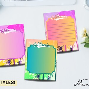 May include: Three different designs of blank notepads with a California theme. Each notepad has a gradient background with palm trees and the word "California" in a retro font. The notepads are perfect for taking notes, making lists, or writing down ideas.