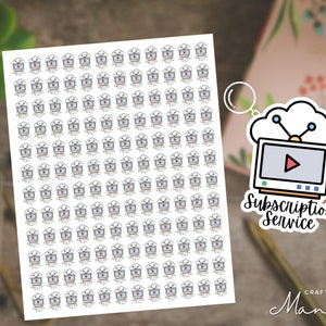 May include: A sheet of stickers featuring a cartoon television with a play button inside a cloud. The text "Subscription Service" is below the image. The sheet is white with a repeating pattern of the television image.