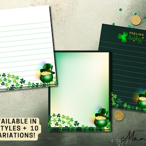 May include: Three printable stationery designs featuring a leprechaun holding a pot of gold, shamrocks, and the text "Feeling lucky".