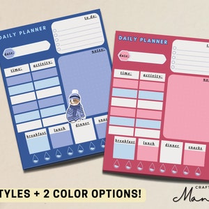 May include: Two daily planner pads in blue and pink, each with sections for date, time, activity, to-do, and notes. The blue planner has a cat sticker. The text reads "DAILY PLANNER" and "2 STYLES + 2 COLOR OPTIONS!"