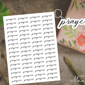 Peut inclure: Une feuille de papier blanche avec le mot "prières" écrit en écriture cursive répété plusieurs fois. Le mot "prières" est également écrit en écriture cursive dans une police plus grande dans le coin supérieur droit de l'image.