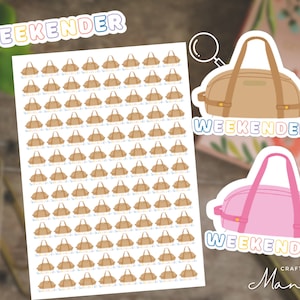 Peut inclure: Une feuille de 60 autocollants de sac de week-end marron et rose. Les autocollants sont disposés en grille et portent l'inscription "Weekender". Ces autocollants sont parfaits pour ajouter une touche de fantaisie à votre agenda, votre journal ou votre ordinateur portable.
