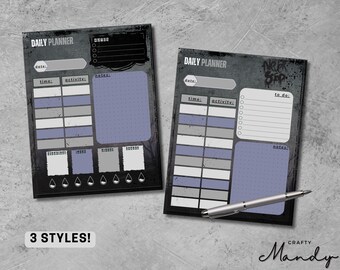 May include: Two black and white daily planner pages with a gray and purple color scheme. The top page has the text "DAILY PLANNER" and "notes" and the bottom page has the text "DAILY PLANNER" and "to do".
