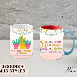 Könnte beinhalten: Zwei weiße Keramikbecher mit bunten Kaktus- und Pflanzenmotiven. Die Becher haben den Text "Stand tall, be unique, and thrive" aufgedruckt. Der Text ist in einer bunten Schriftart gehalten. Die Becher stehen auf einem weißen Hintergrund.