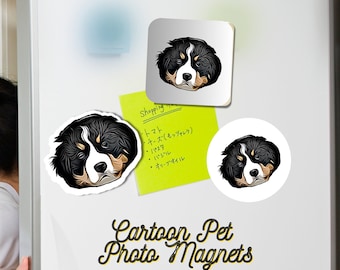 May include: Three cartoon dog magnets on a white refrigerator. The magnets are round and feature a black and white Bernese Mountain Dog with brown markings. The text "Cartoon Pet Photo Magnets" is written below the magnets.