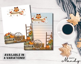 May include: Two printable notepads with a fall theme. The top notepad features an owl with the text "Hello Fall" and a wheelbarrow with pumpkins and gourds. The bottom notepad features an owl with the text "Hello Fall" and a ladder with pumpkins and gourds.