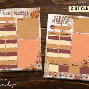 Könnte beinhalten: Zwei druckbare Tagesplaner-Vorlagen mit herbstlichen Blumendesigns. Der erste Planer hat ein braunes und oranges Farbschema mit einem Kürbis und Blättern. Der zweite Planer hat ein rosa und oranges Farbschema mit einem Blumendesign. Beide Planer haben Abschnitte für Datum, Uhrzeit, Aktivität, zu tun und Notizen.