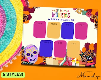 Puede incluir: Un planificador semanal imprimible con un tema del Día de los Muertos. El planificador tiene un fondo blanco con diseños florales coloridos y una ilustración de calavera. Los días de la semana están listados en la parte superior: Dom, Lun, Mar, Mié, Jue, Vie, Sáb. El texto "Dia de los Muertos" está escrito en una fuente decorativa en la parte superior del planificador.