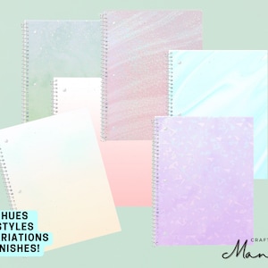 May include: A set of six spiral bound notebooks with different iridescent finishes. The covers feature a variety of patterns, including glitter, marble, and geometric designs. The notebooks are available in four hues and three styles, with 15 variations and six finishes.