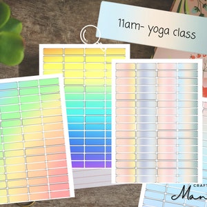 Peut inclure: Quatre feuilles d'étiquettes de couleur dégradée arc-en-ciel avec une bordure blanche. Chaque feuille contient 30 étiquettes. Les étiquettes sont rectangulaires et ont une finition brillante. Le texte "11am-yoga class" est écrit sur un papier à motifs floraux rose et blanc.