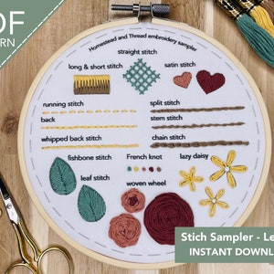 Hand Embroidery Stitch Sampler Pattern, PDF pattern instant download, beginner embroidery pattern