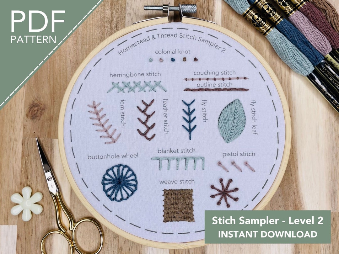 Hand Embroidery Stitch Sampler Pattern Level 2, PDF Pattern Instant