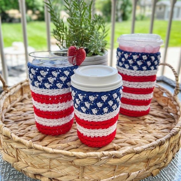 Patriotic American Flag Crochet Cup Cozy Pattern for 4th of July,USA Election Rally,Fits 12,16,or 18oz. Can,Travel Mug,Tumbler,Handmade Gift