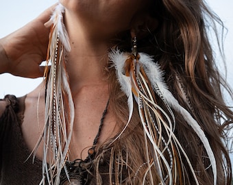 Boho Feather Earrings: Extra-Long Natural White & Brown Feather Dangles