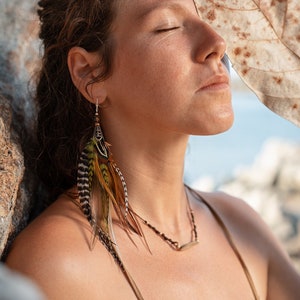 Real Feather Mono Earring: Forest Green & Brown, Tiger&#39;s Eye Bead