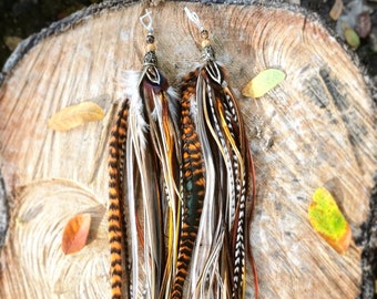 Long Bohemian Feather Earrings: Natural Colors, Tiger's Eye Bead