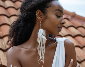 White Feather Mono Earring: Boho Wedding Jewelry
