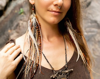 Extra Long Feather Earrings: Bohemian Style, Natural Colors