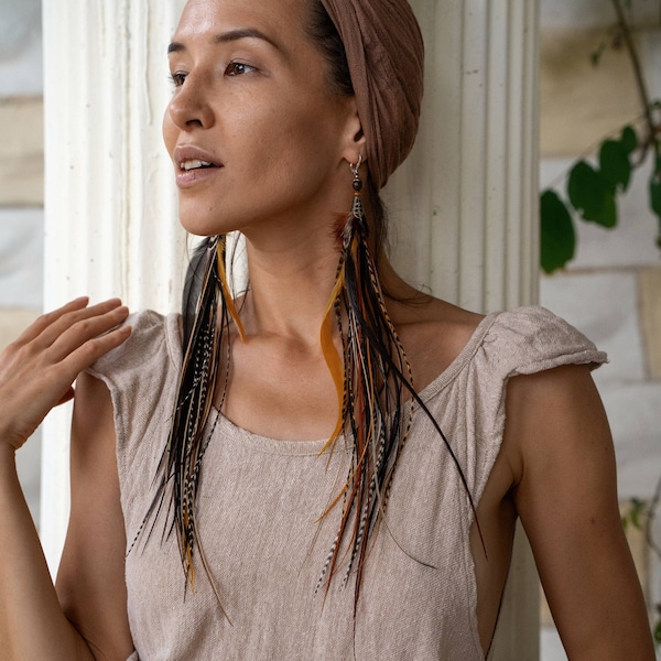 Long Feather earrings brown and Black. Natural feather earrings. Brown feather earrings. Festival earrings with feathers. Boho earrings.