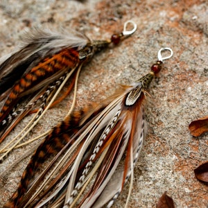 Real feather earrings. Extra long feather earrings. Feather earrings in natural colors. Brown and White feather earrings. Bohemian earrings image 9