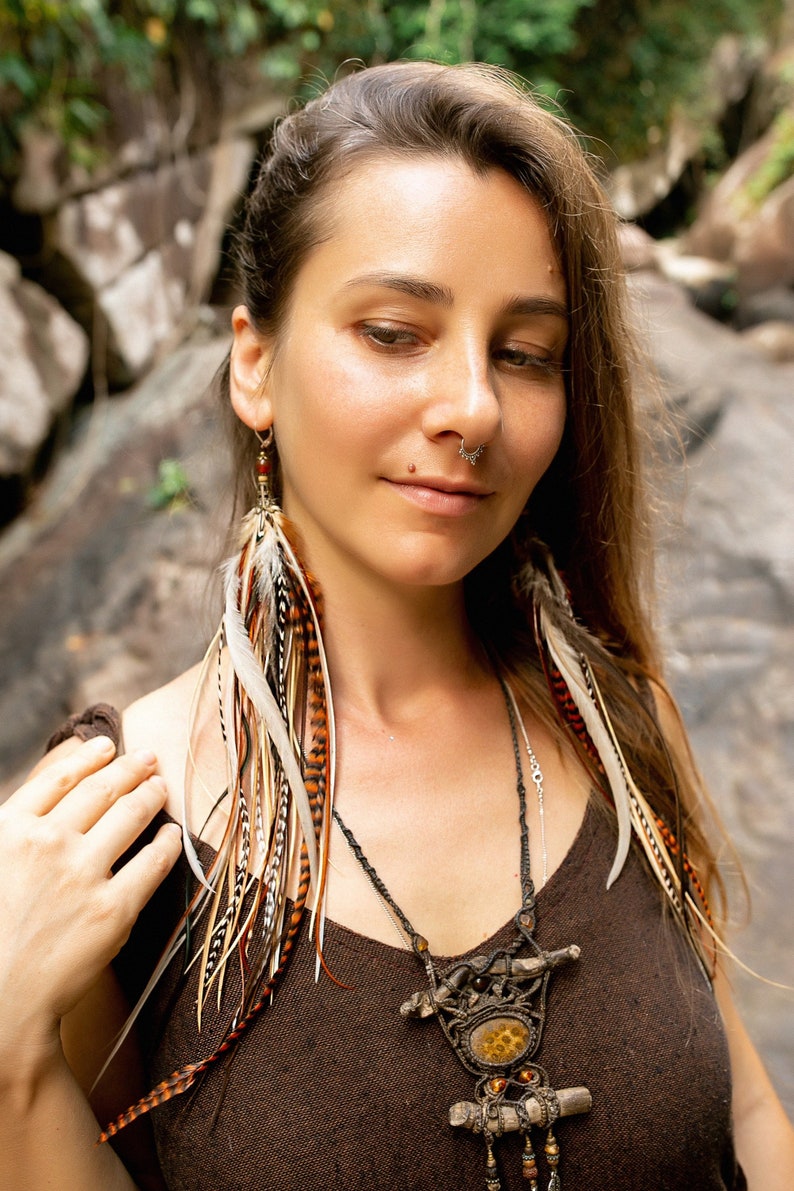 Real feather earrings. Extra long feather earrings. Feather earrings in natural colors. Brown and White feather earrings. Bohemian earrings image 1