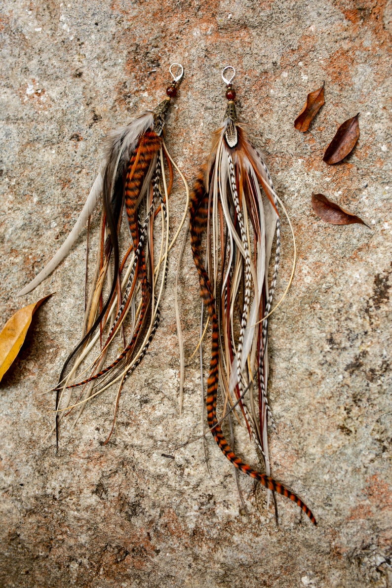 Real feather earrings. Extra long feather earrings. Feather earrings in natural colors. Brown and White feather earrings. Bohemian earrings image 8