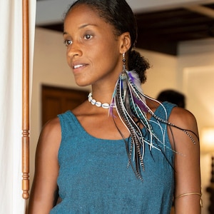 Long Feather mono earring.Blue and purple feather earring. Single earring with real feathers. Blue feather earring. Natural feather earring
