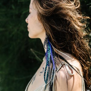 Long Feather mono earring in blue colour. Natural feather single earring. Brown feather earring. Festival feather earring. Boho earring.