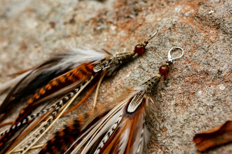 Real feather earrings. Extra long feather earrings. Feather earrings in natural colors. Brown and White feather earrings. Bohemian earrings image 6