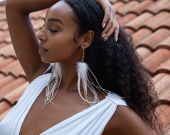 Long White Feather Earrings: Silver Hooks, Crystal Quartz