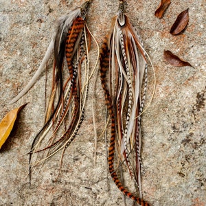 Real feather earrings. Extra long feather earrings. Feather earrings in natural colors. Brown and White feather earrings. Bohemian earrings image 7