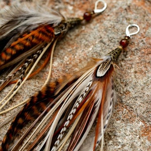 Real feather earrings. Extra long feather earrings. Feather earrings in natural colors. Brown and White feather earrings. Bohemian earrings image 4