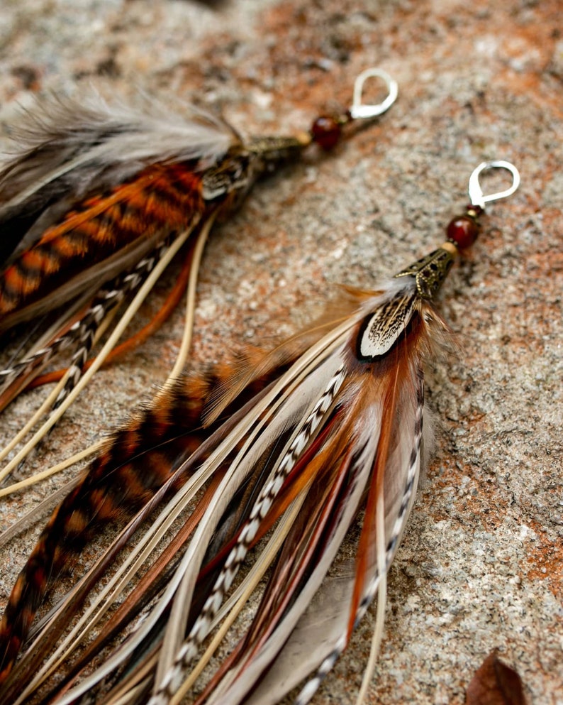 Real feather earrings. Extra long feather earrings. Feather earrings in natural colors. Brown and White feather earrings. Bohemian earrings image 4