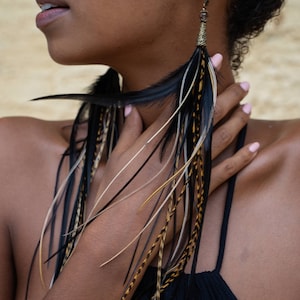Black feather earrings. Natural feather earrings. Real feather earrings.Tribal earrings. Festival earrings with feathers.Black long earrings