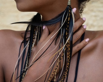 Schwarze Federohrringe. Natürliche Feder Ohrringe. Echte Feder Ohrringe.Tribal Ohrringe. Festival Ohrringe mit Federn.Schwarze lange Ohrringe