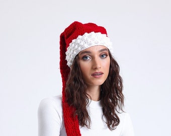 Handmade Long Santa Hat For Women,Crochet Luxury Santa Hat,Unique Christmas Gift,Knitted Red White Christmas Hat,Adult Chritmas Hat