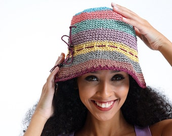 Colorful Beach Hat For Woman,Crochet Bucket Hat,Womans Packable Straw Hat,Crochet Sun Hat,Summer Hats For Women 2023,Raffia Hat,Beach Cap