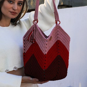 Gehäkelte rosa Einkaufstasche, gestrickte Schultertasche für Frauen, bunte Makramee-Tasche, handgemachte rosa Schultertaschen, bunte Handtasche, gewebte Einkaufstasche