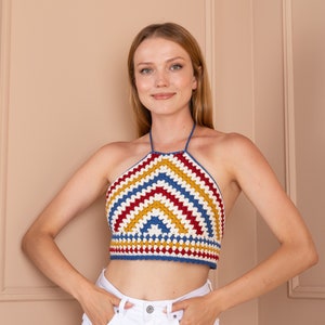 Colorful Crochet Summer Top For Only Your Size, Halter Crop Top,Made To Measure Knit Tops For Women,Sexy Crop Top,Crochet Halterneck Top